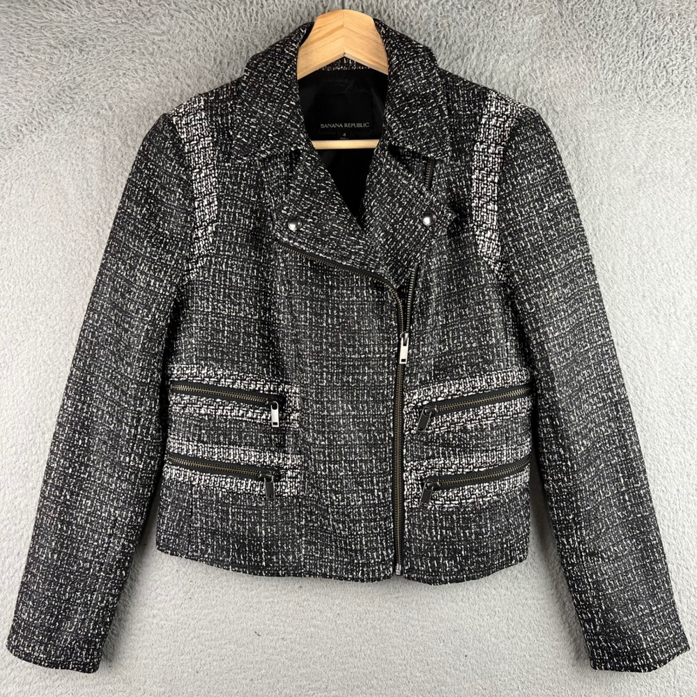 Banana Republic Womens Tweed Moto Jacket Black White Asymmetric Zip Size 4